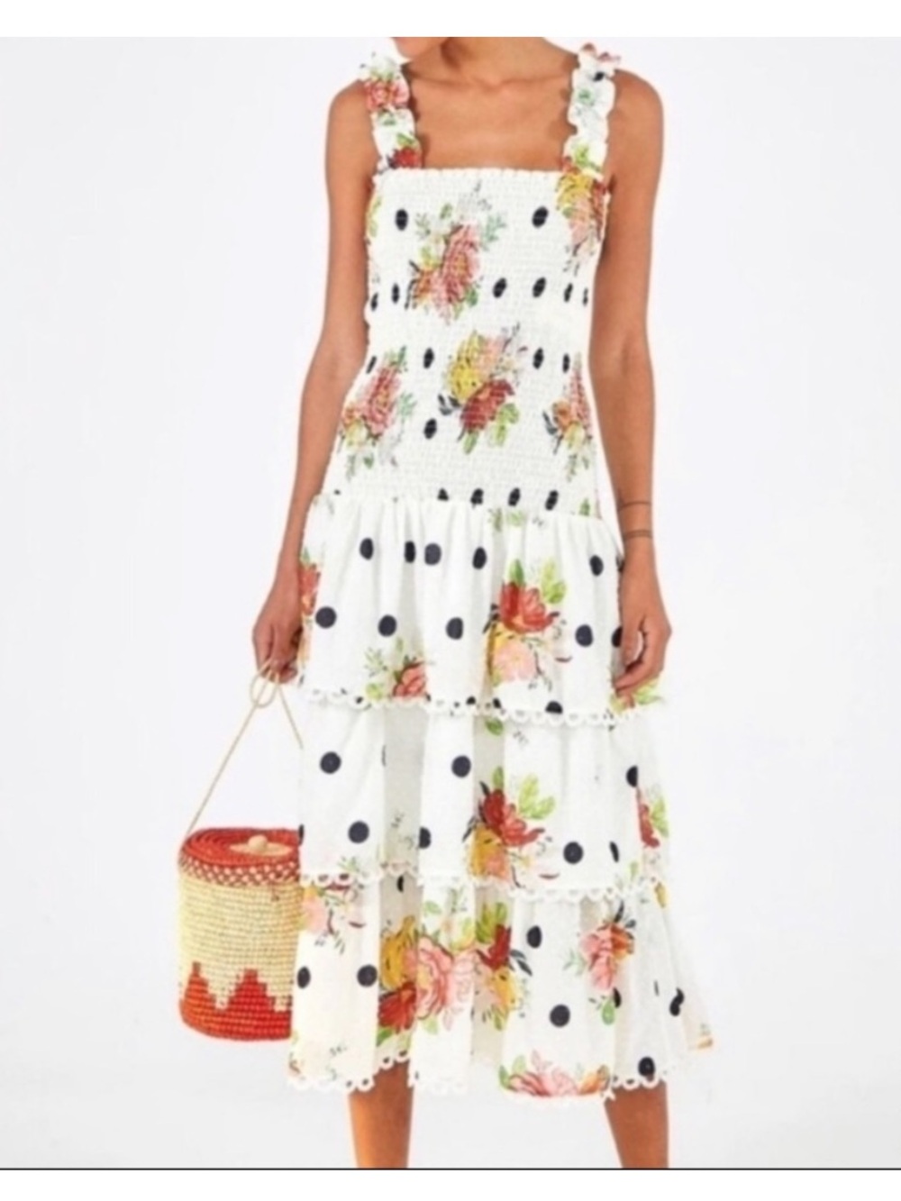 NWT Farm Rio White Nanaju Midi Dress Floral Dot Lace Tiered Boho Airy Chic - Picture 2 of 6